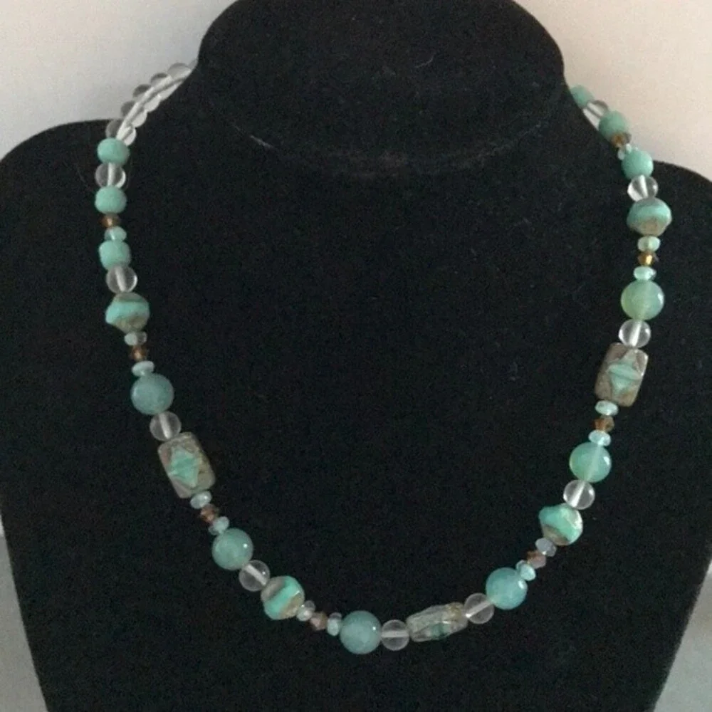 Vintage Handmade Teal Amazonite Rock Crystal Beads Swarovski Sterling Necklace